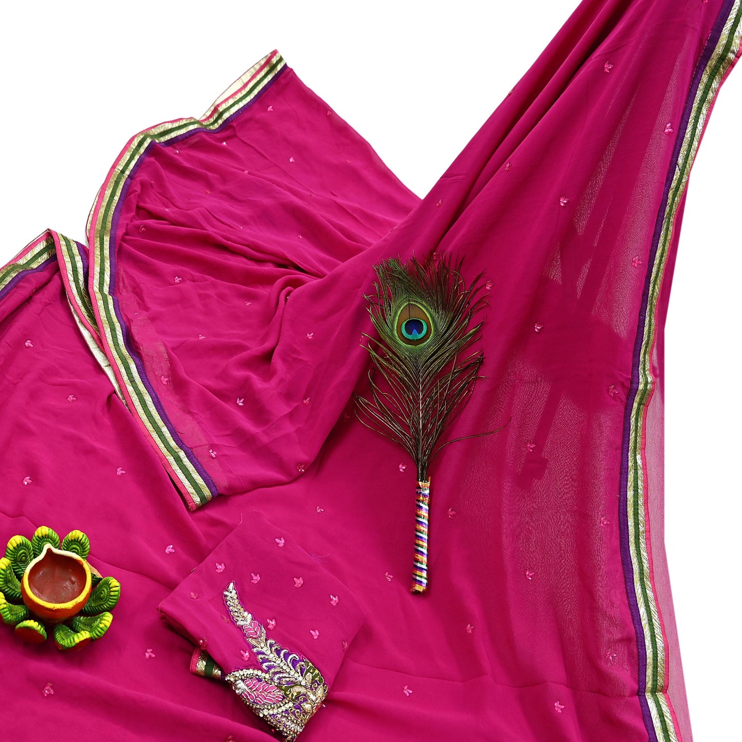 Indian Vintage Heavy Sarees Rani Pink Pure Georgette Silk Hand Embroidered Sari Fabric 5Yd Sewing Ethnic Zardozi/dabka zari With Blouse Pcs