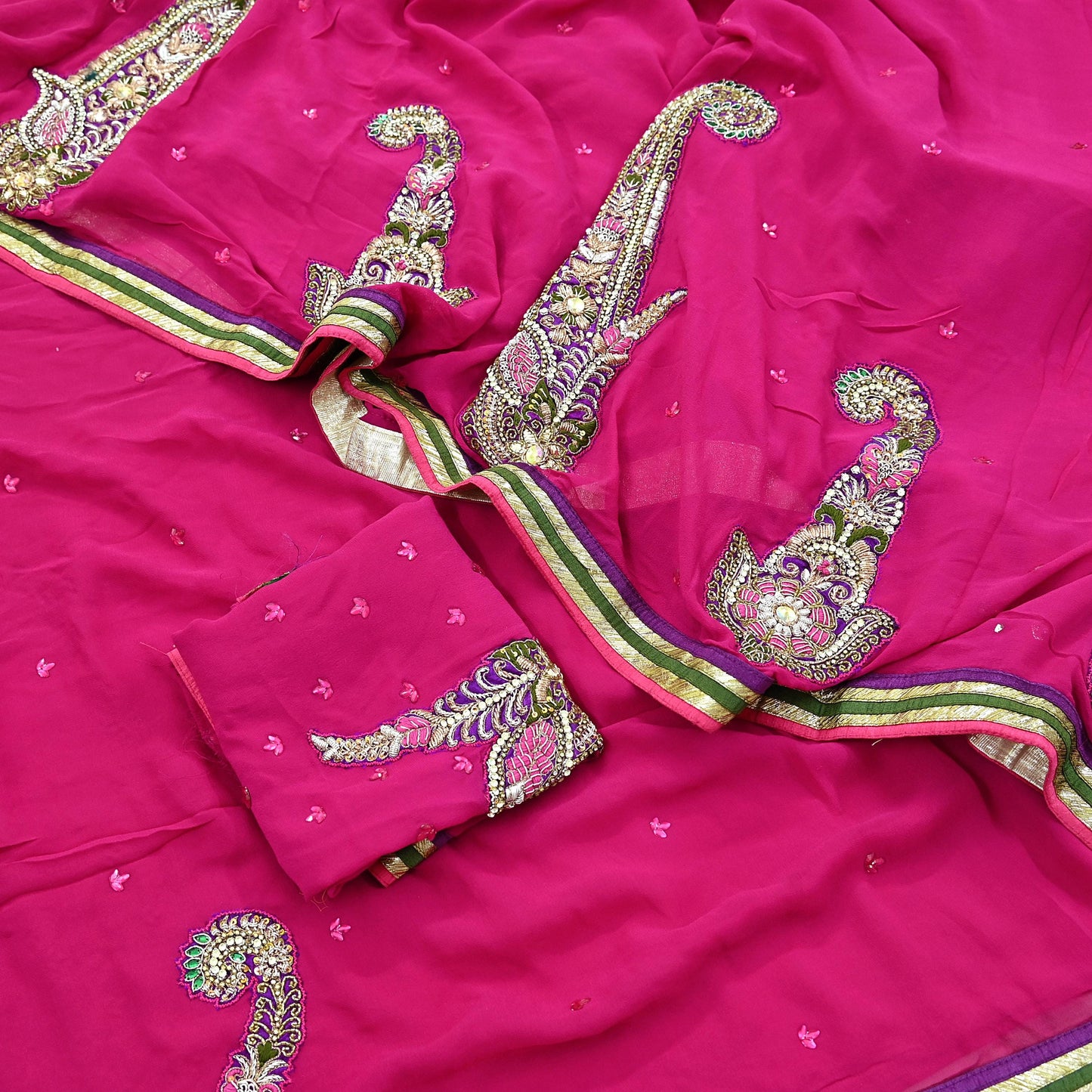 Indian Vintage Heavy Sarees Rani Pink Pure Georgette Silk Hand Embroidered Sari Fabric 5Yd Sewing Ethnic Zardozi/dabka zari With Blouse Pcs