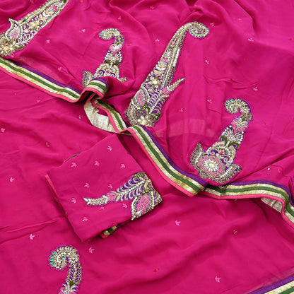 Indian Vintage Heavy Sarees Rani Pink Pure Georgette Silk Hand Embroidered Sari Fabric 5Yd Sewing Ethnic Zardozi/dabka zari With Blouse Pcs