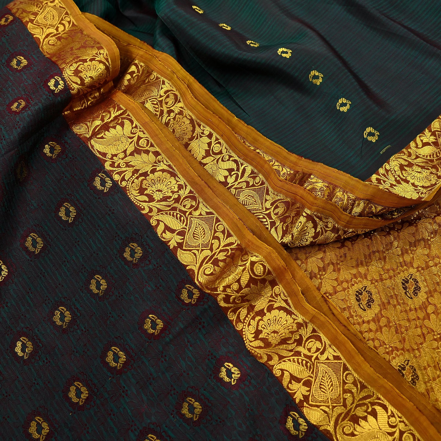 Indian Vintage Heavy Sari Green & Saffron Kanjivaram Saree 100% Pure Silk Zari 5Yd Crafting Dress making For Crafting Quilting Upcycle