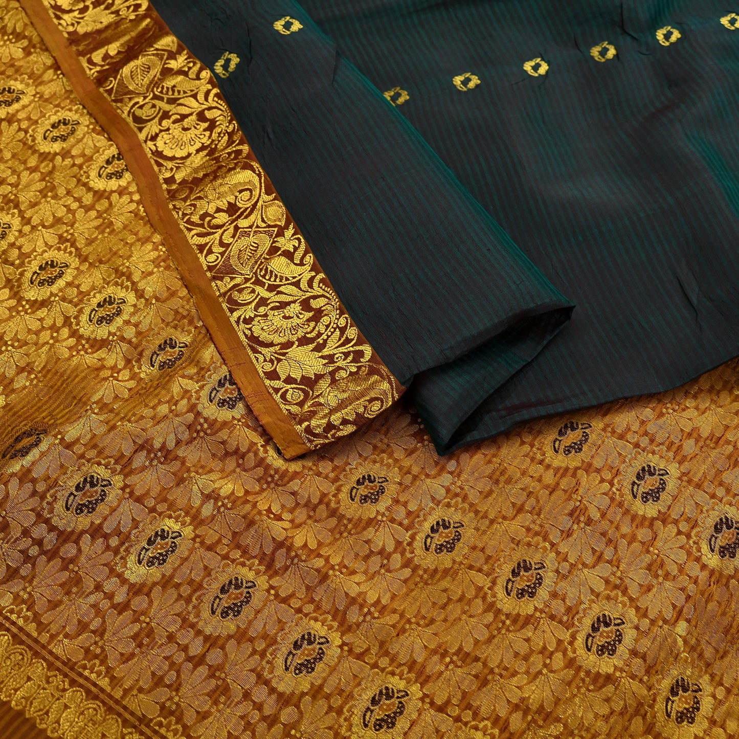 Indian Vintage Heavy Sari Green & Saffron Kanjivaram Saree 100% Pure Silk Zari 5Yd Crafting Dress making For Crafting Quilting Upcycle