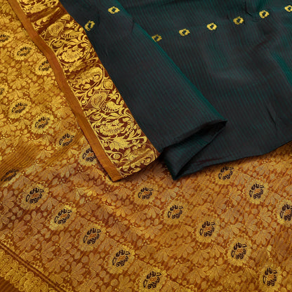 Indian Vintage Heavy Sari Green & Saffron Kanjivaram Saree 100% Pure Silk Zari 5Yd Crafting Dress making For Crafting Quilting Upcycle