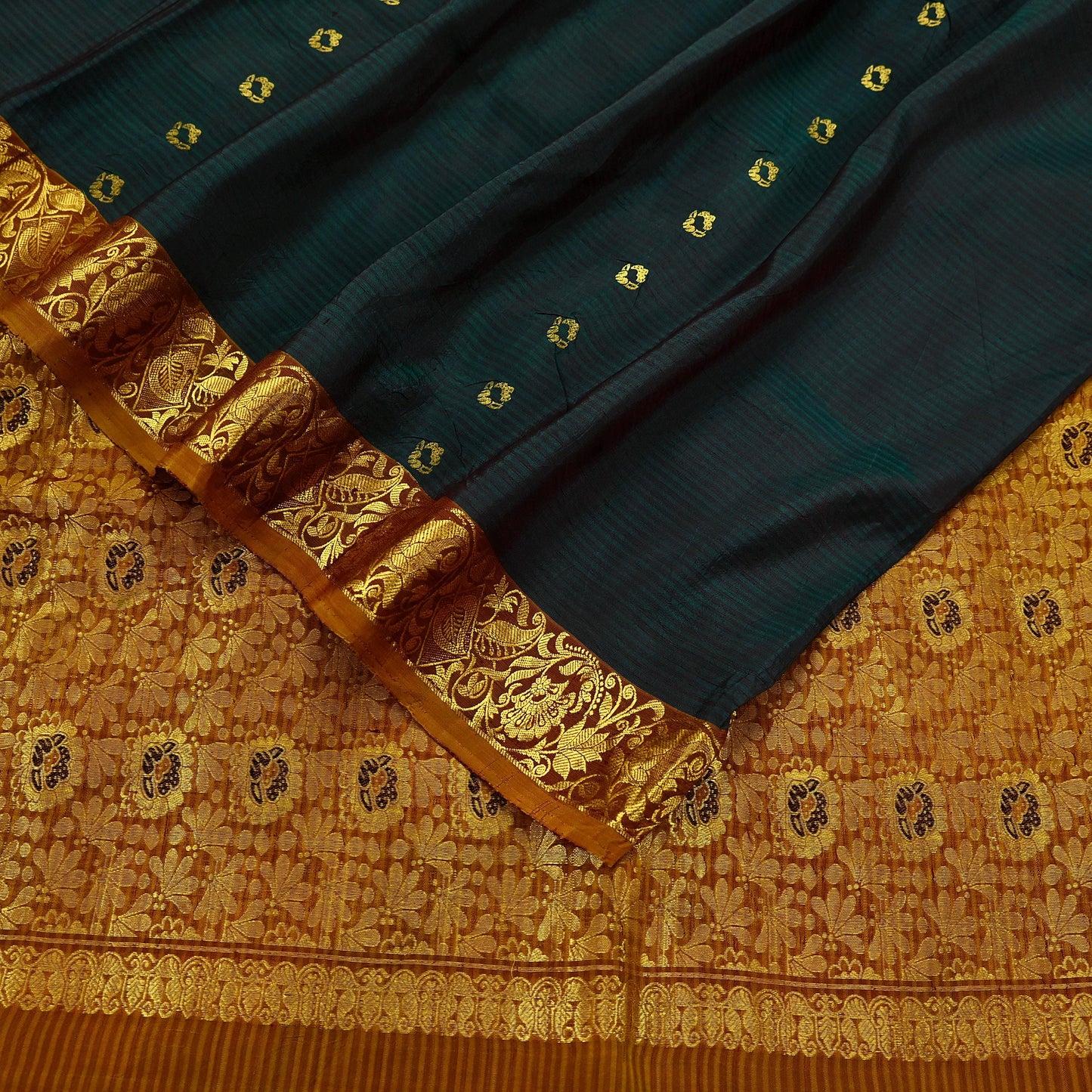 Indian Vintage Heavy Sari Green & Saffron Kanjivaram Saree 100% Pure Silk Zari 5Yd Crafting Dress making For Crafting Quilting Upcycle