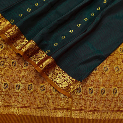 Indian Vintage Heavy Sari Green & Saffron Kanjivaram Saree 100% Pure Silk Zari 5Yd Crafting Dress making For Crafting Quilting Upcycle