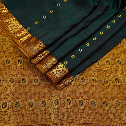 Indian Vintage Heavy Sari Green & Saffron Kanjivaram Saree 100% Pure Silk Zari 5Yd Crafting Dress making For Crafting Quilting Upcycle