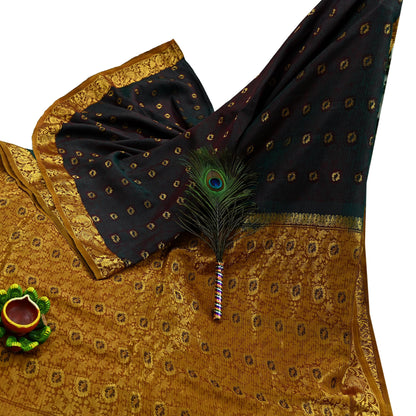 Indian Vintage Heavy Sari Green & Saffron Kanjivaram Saree 100% Pure Silk Zari 5Yd Crafting Dress making For Crafting Quilting Upcycle