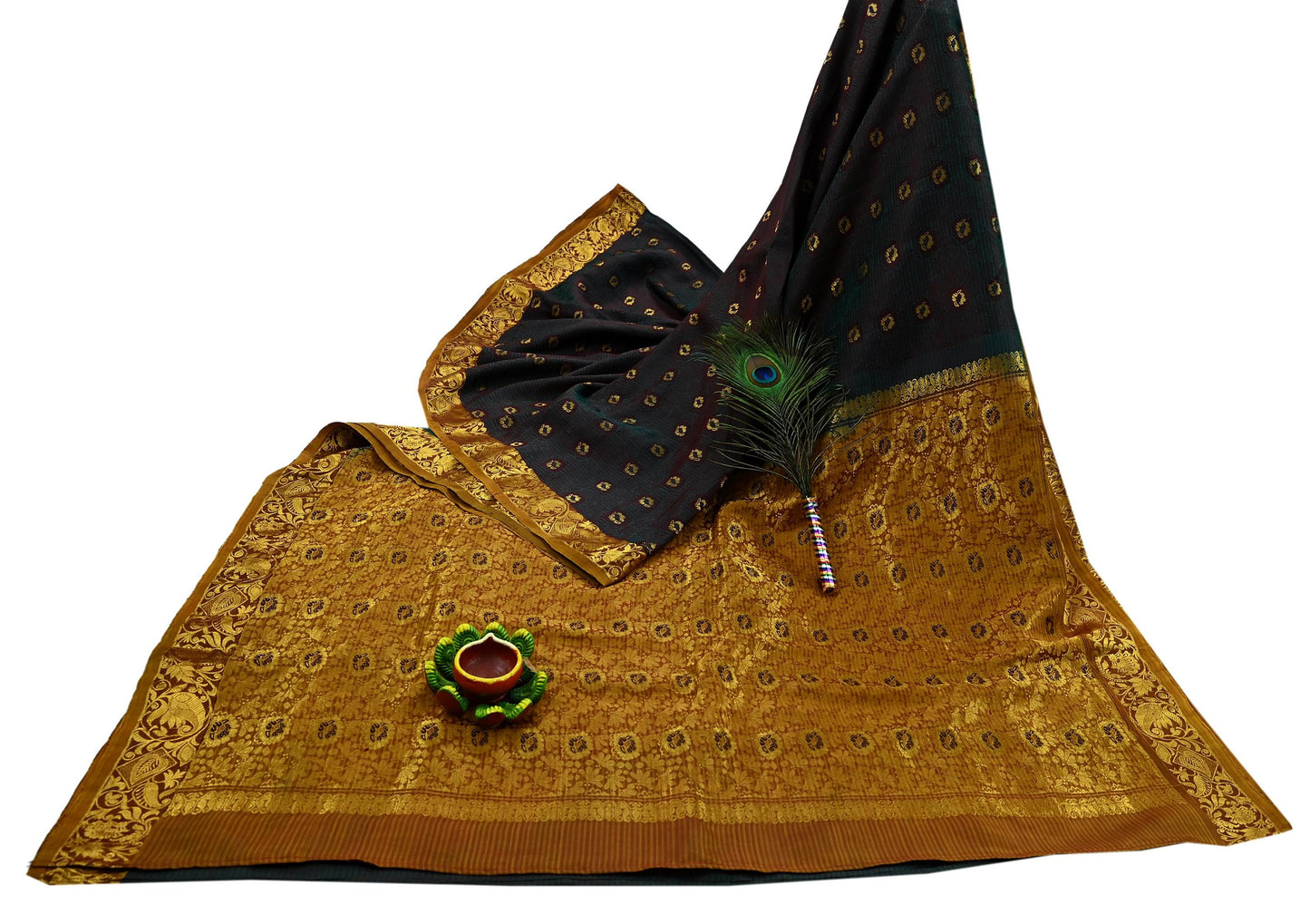 Indian Vintage Heavy Sari Green & Saffron Kanjivaram Saree 100% Pure Silk Zari 5Yd Crafting Dress making For Crafting Quilting Upcycle