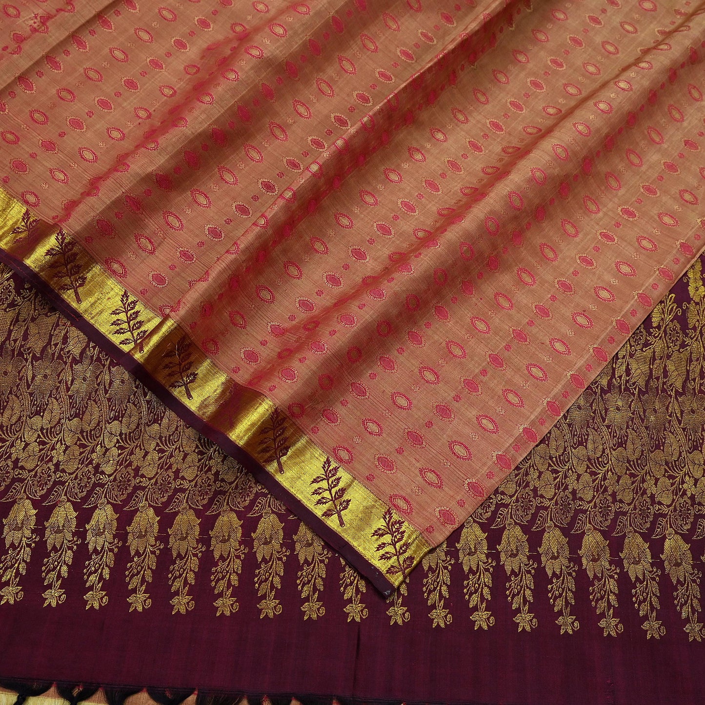 Indian Vintage Heavy Saree Maroon & Pink Hand Woven Kanjivaram 100% Pure Silk Sari Craft Fabric 5Yd Ethnic Zari Floral Dress Making Quilting