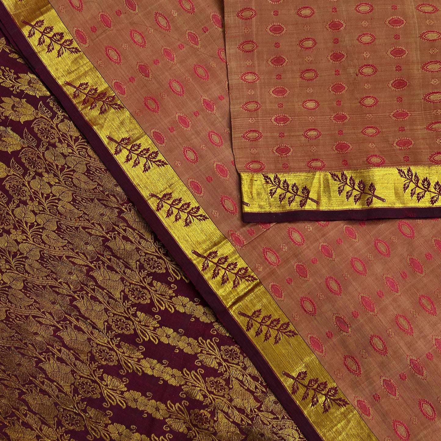 Indian Vintage Heavy Saree Maroon & Pink Hand Woven Kanjivaram 100% Pure Silk Sari Craft Fabric 5Yd Ethnic Zari Floral Dress Making Quilting