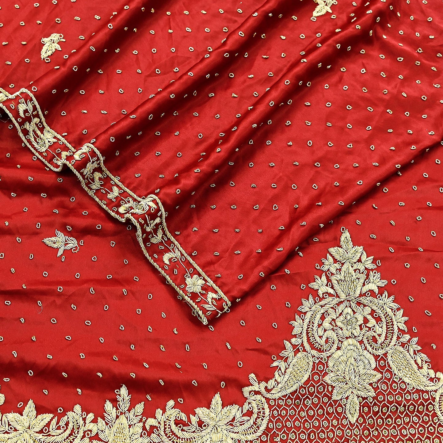 Indian Vintage Heavy Wedding Red Dupatta Pure Satin Silk Long Stole Hand Embroidered Scarves Golden Zardozi Bridal Heavy Dupatta hijab veil