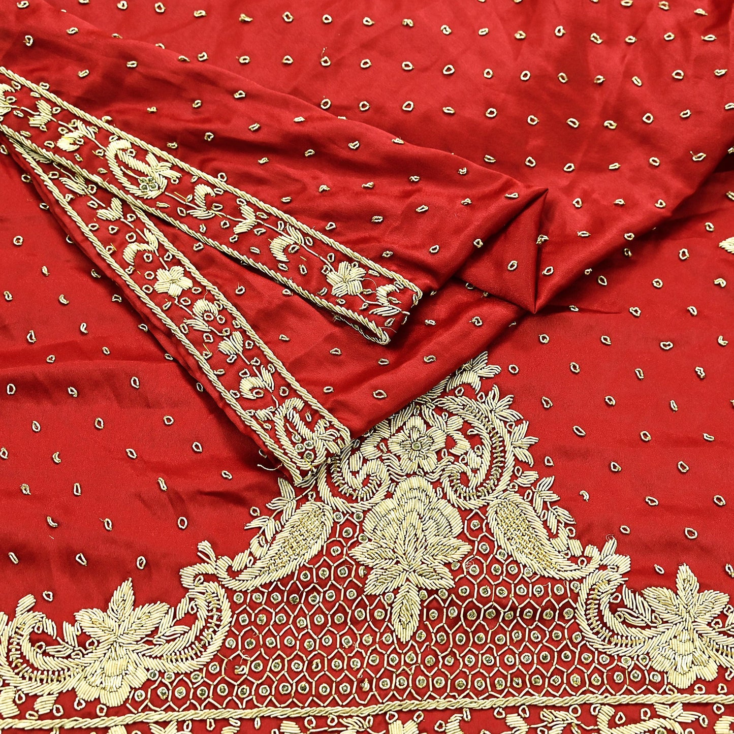Indian Vintage Heavy Wedding Red Dupatta Pure Satin Silk Long Stole Hand Embroidered Scarves Golden Zardozi Bridal Heavy Dupatta hijab veil