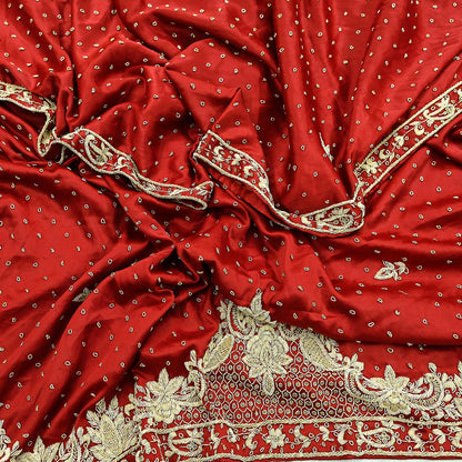 Indian Vintage Heavy Wedding Red Dupatta Pure Satin Silk Long Stole Hand Embroidered Scarves Golden Zardozi Bridal Heavy Dupatta hijab veil