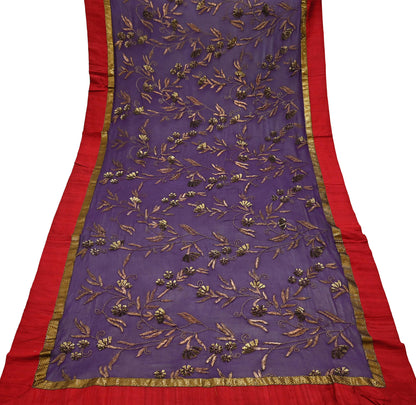 Indian Vintage Heavy Purple Dupatta Pure Georgette Silk Long Stole Hand Embroidered Gota Patti Scarf Zari