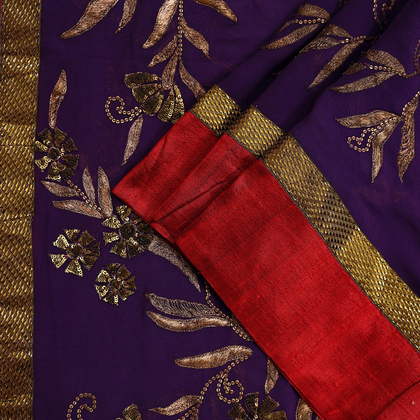 Indian Vintage Heavy Purple Dupatta Pure Georgette Silk Long Stole Hand Embroidered Gota Patti Scarf Zari