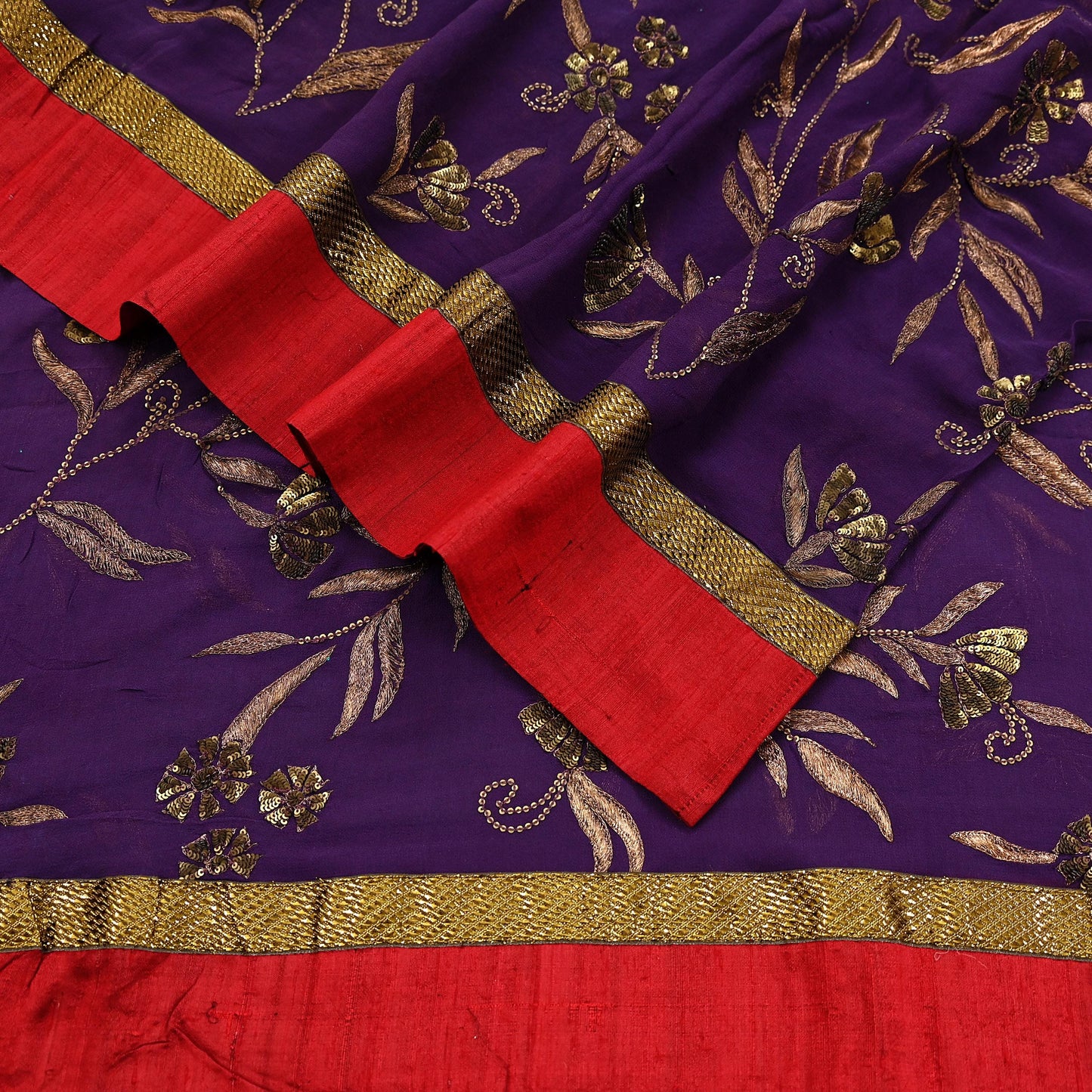 Indian Vintage Heavy Purple Dupatta Pure Georgette Silk Long Stole Hand Embroidered Gota Patti Scarf Zari