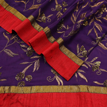 Indian Vintage Heavy Purple Dupatta Pure Georgette Silk Long Stole Hand Embroidered Gota Patti Scarf Zari