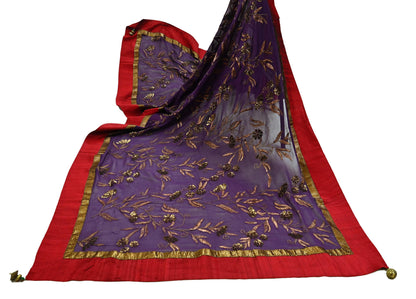 Indian Vintage Heavy Purple Dupatta Pure Georgette Silk Long Stole Hand Embroidered Gota Patti Scarf Zari