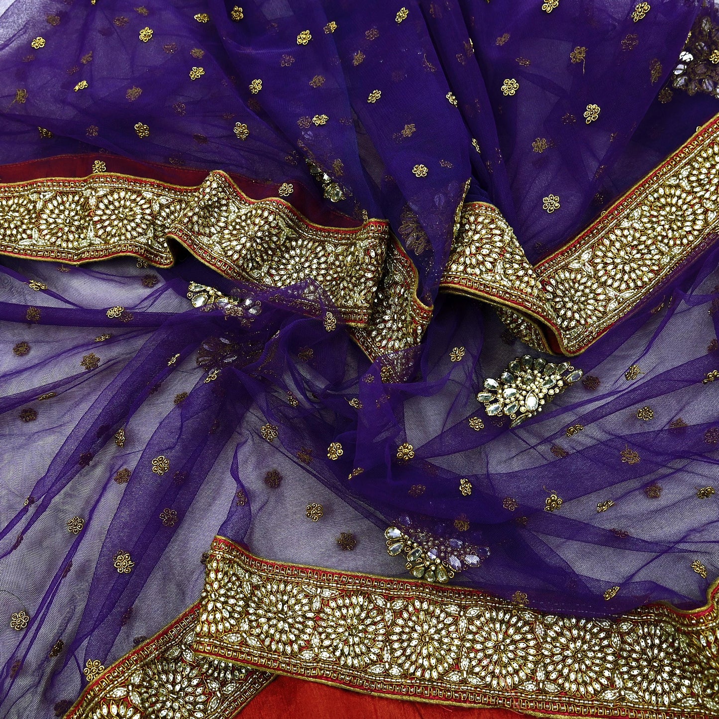 Indian Vintage Heavy Purple Dupatta Net Mesh Long Stole Hand Embroidered Scarf Purple Zardozi Zari Sequins Stole