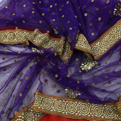 Indian Vintage Heavy Purple Dupatta Net Mesh Long Stole Hand Embroidered Scarf Purple Zardozi Zari Sequins Stole