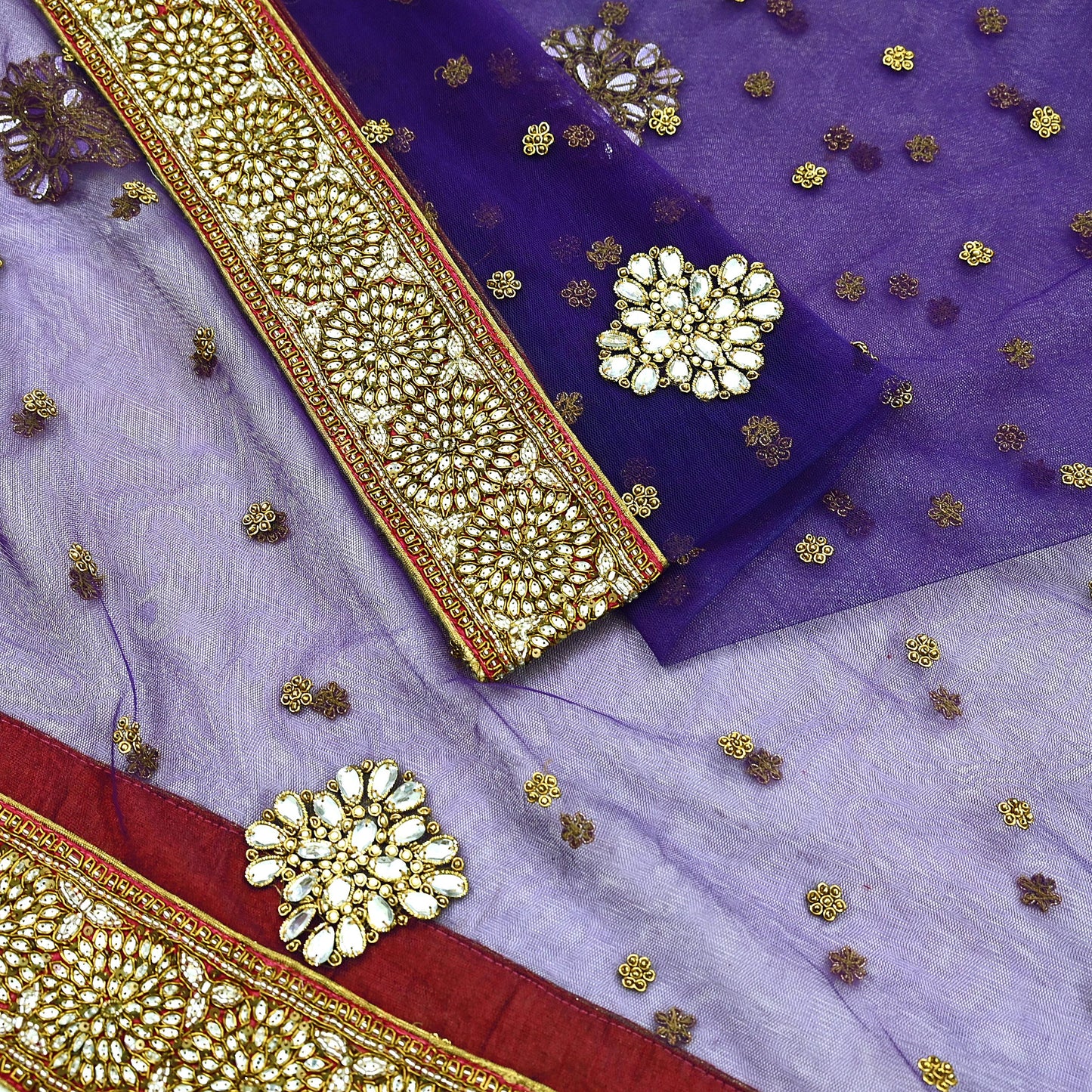 Indian Vintage Heavy Purple Dupatta Net Mesh Long Stole Hand Embroidered Scarf Purple Zardozi Zari Sequins Stole