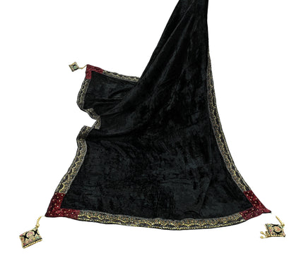 Indian Vintage Heavy Black Dupatta Velvet Long Stole Hand Embroidered Scarves Zari Hijab Veil Wrap Bridal Dupatta Hanging