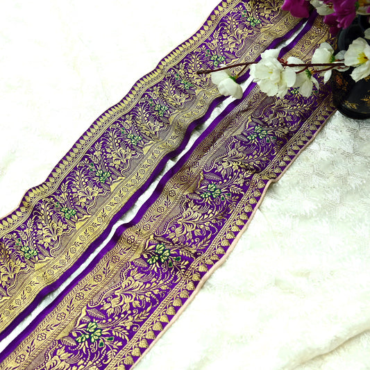Indian Vintage Purple & Ivory Sari Border Woven Banarasi 1yd Trim Craft Sewing Recycled Sari Border Zari Pure Silk Home Decor Crafting