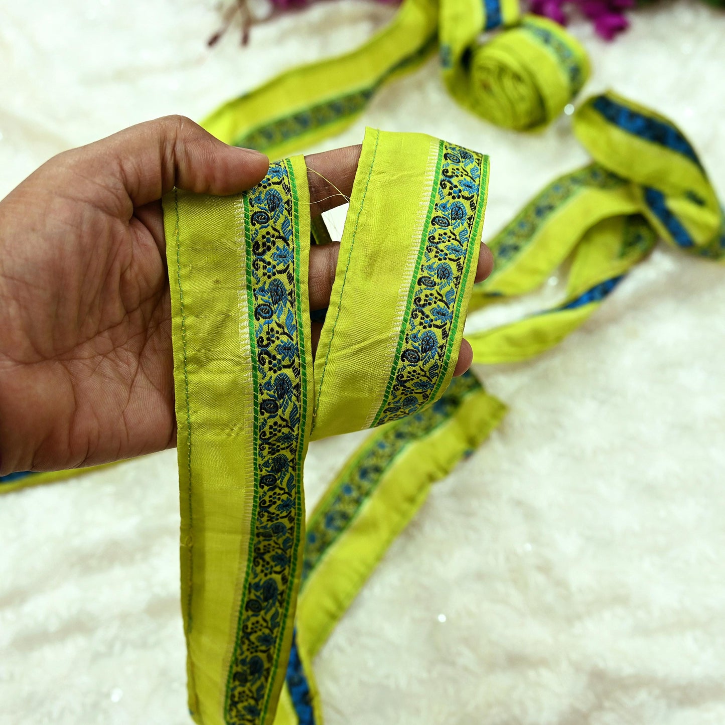 Indian Vintage Nion Green Sari Border Pure Silk Hand Woven Baluchari 1YD Craft Trim Lace Ribbon Recycled Sari Border dress Making Designing