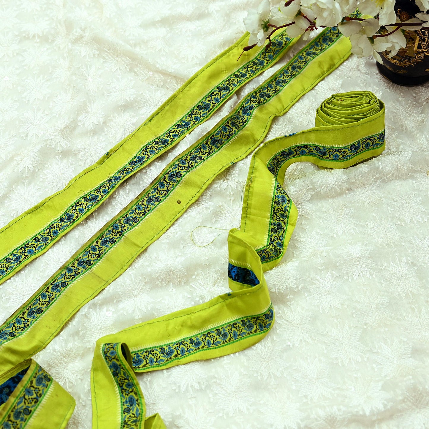 Indian Vintage Nion Green Sari Border Pure Silk Hand Woven Baluchari 1YD Craft Trim Lace Ribbon Recycled Sari Border dress Making Designing