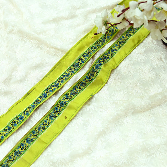 Indian Vintage Nion Green Sari Border Pure Silk Hand Woven Baluchari 1YD Craft Trim Lace Ribbon Recycled Sari Border dress Making Designing