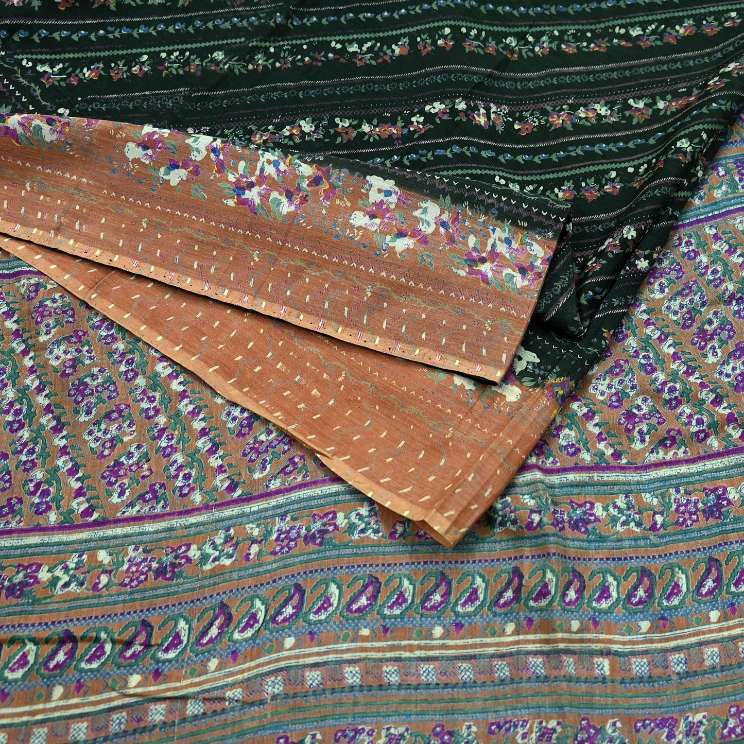 Indian Vintage Sari Green Printed Pure Cotton Saree Craft Soft Fabric 5Yard Sewing Sarong Wrap Boho Floral