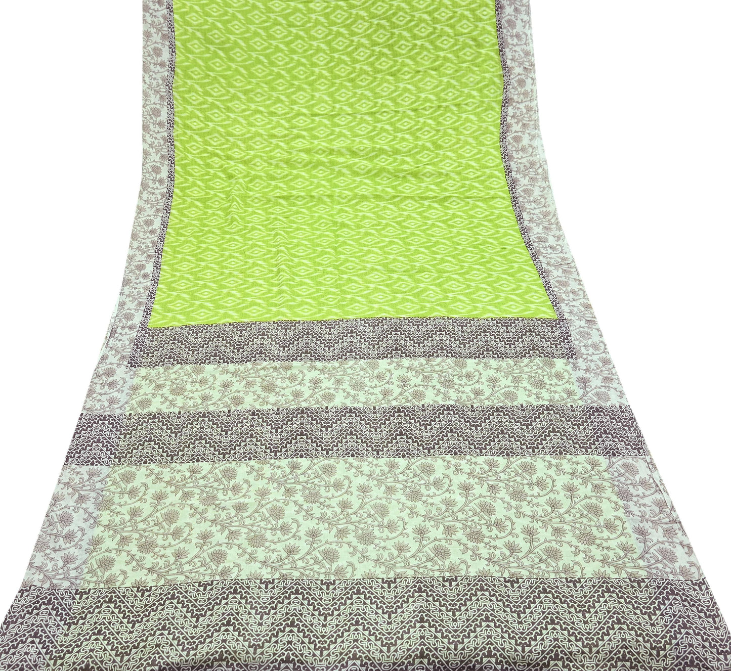 Indian Vintage Sari Green & Ivory Printed Pure Cotton Sarees 5Yd Craft Fabric Soft Sewing Sarong Wrap Boho Upcycle quilting Dress making