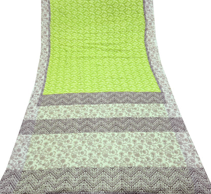 Indian Vintage Sari Green & Ivory Printed Pure Cotton Sarees 5Yd Craft Fabric Soft Sewing Sarong Wrap Boho Upcycle quilting Dress making