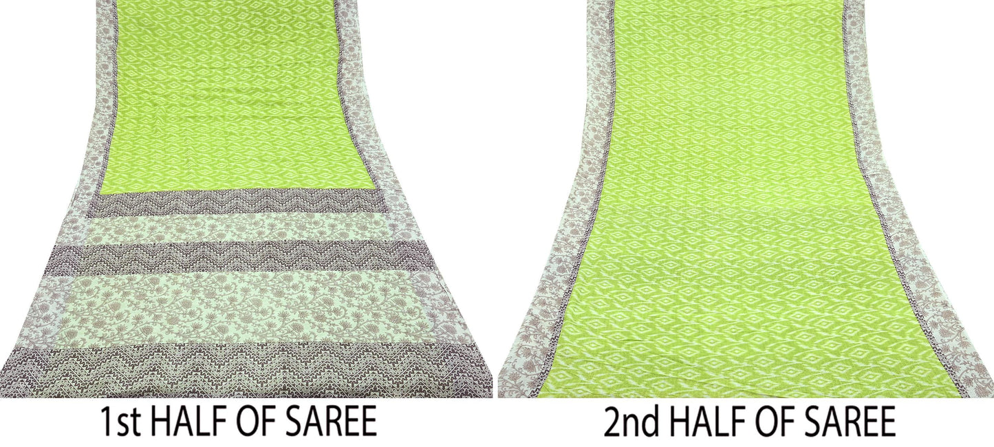 Indian Vintage Sari Green & Ivory Printed Pure Cotton Sarees 5Yd Craft Fabric Soft Sewing Sarong Wrap Boho Upcycle quilting Dress making