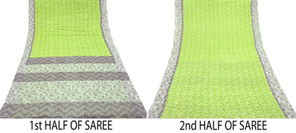 Indian Vintage Sari Green & Ivory Printed Pure Cotton Sarees 5Yd Craft Fabric Soft Sewing Sarong Wrap Boho Upcycle quilting Dress making