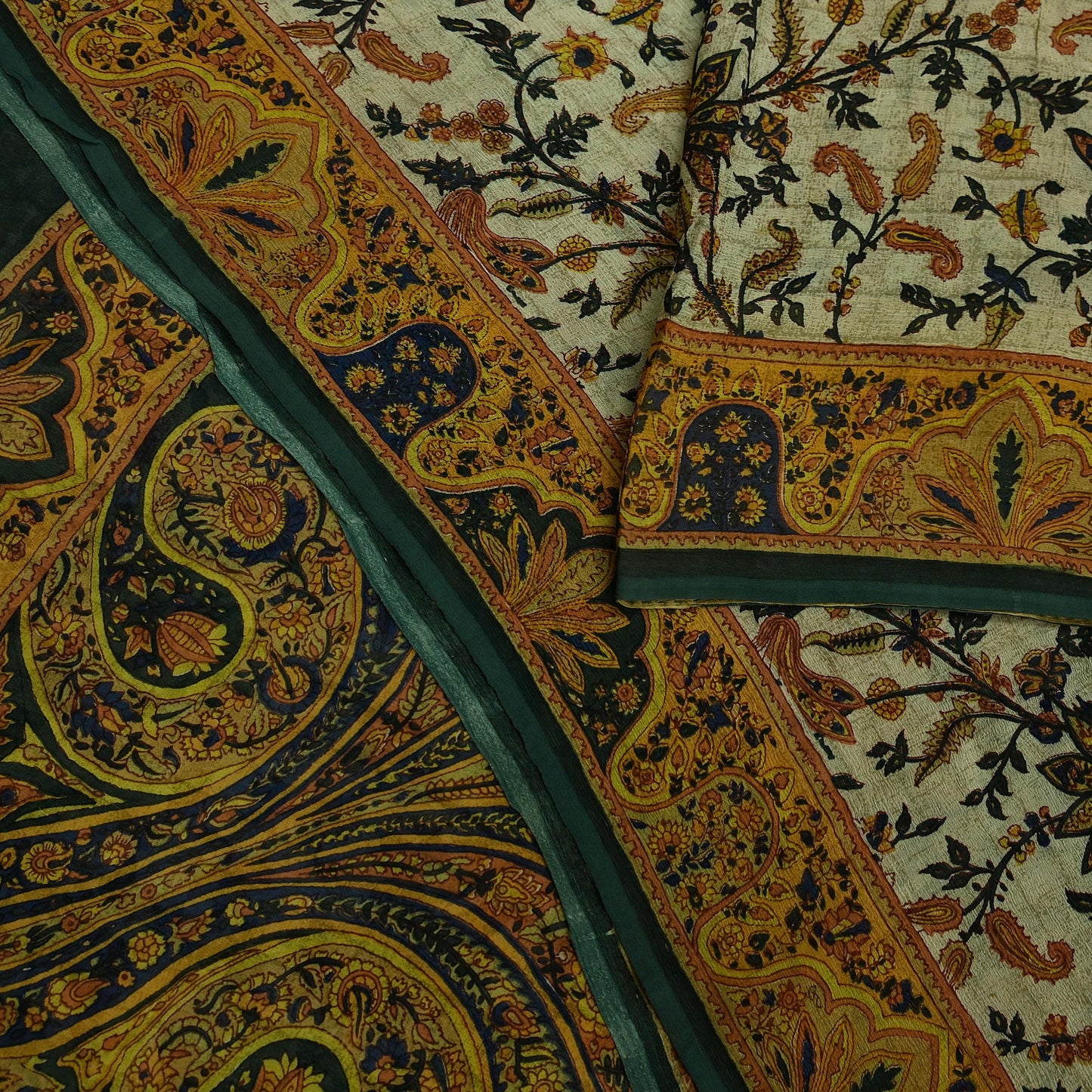 Indian Vintage Sari Green & Ivory Pure Chiffon Silk Printed Sarees 5Yd Craft Fabric Sewing Soft Light Sari Dress Making Upcycle Quilting