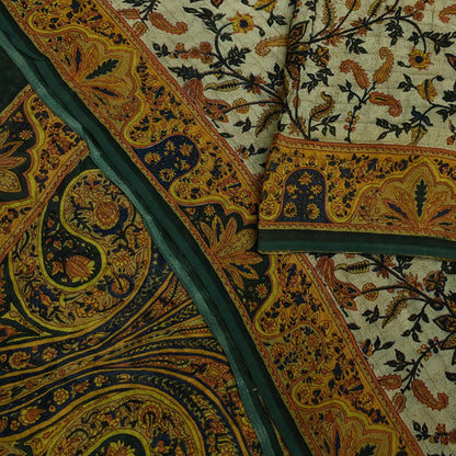 Indian Vintage Sari Green & Ivory Pure Chiffon Silk Printed Sarees 5Yd Craft Fabric Sewing Soft Light Sari Dress Making Upcycle Quilting