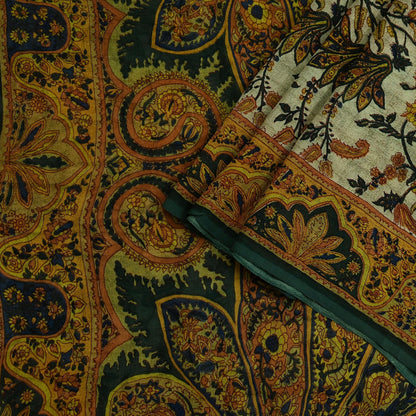 Indian Vintage Sari Green & Ivory Pure Chiffon Silk Printed Sarees 5Yd Craft Fabric Sewing Soft Light Sari Dress Making Upcycle Quilting