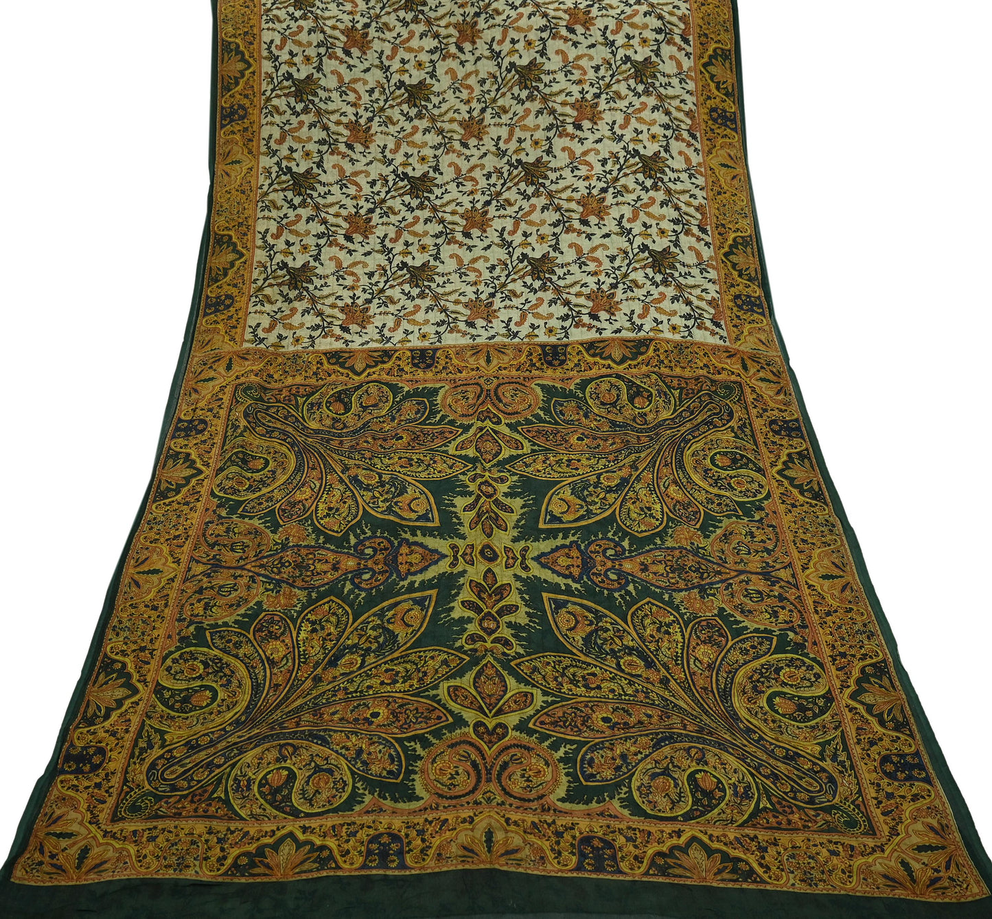 Indian Vintage Sari Green & Ivory Pure Chiffon Silk Printed Sarees 5Yd Craft Fabric Sewing Soft Light Sari Dress Making Upcycle Quilting