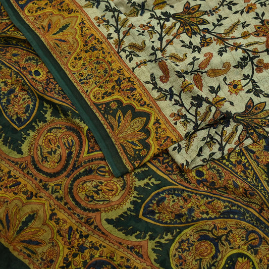 Indian Vintage Sari Green & Ivory Pure Chiffon Silk Printed Sarees 5Yd Craft Fabric Sewing Soft Light Sari Dress Making Upcycle Quilting