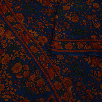 Women Indian Vintage Sari Blue Pure Georgette Silk Printed Sarees Craft Fabric Sewing 5Yd Soft Dress Making Quilting Crafting