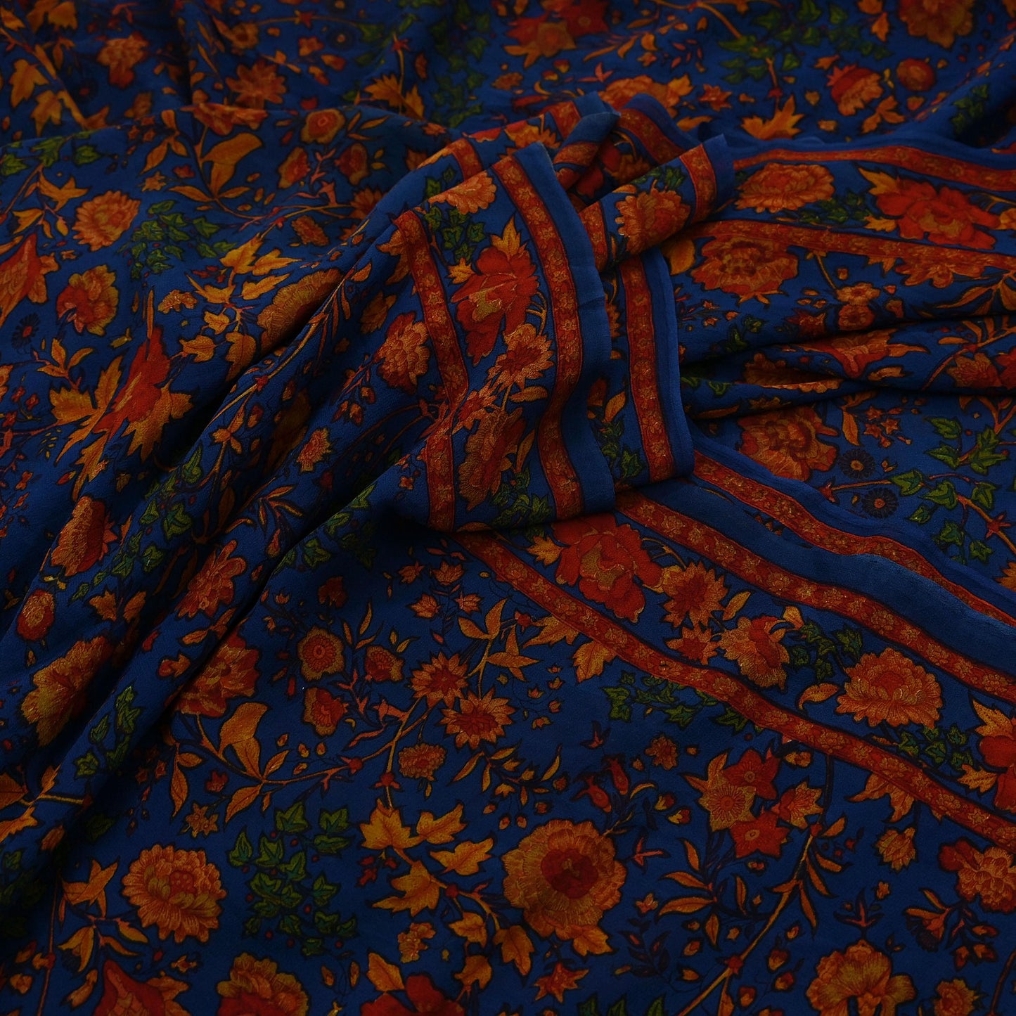 Women Indian Vintage Sari Blue Pure Georgette Silk Printed Sarees Craft Fabric Sewing 5Yd Soft Dress Making Quilting Crafting