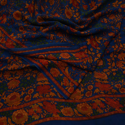 Women Indian Vintage Sari Blue Pure Georgette Silk Printed Sarees Craft Fabric Sewing 5Yd Soft Dress Making Quilting Crafting