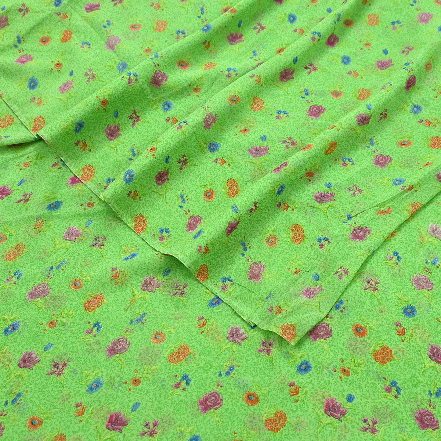 Indian Vintage Sari Green Pure Georgette Silk Printed Sarees Craft Fabric Sewing 6Yd Soft Sari Dress Making Crafting Quilting Upcycle