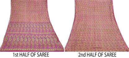 Indian Vintage Sari Rani Pink 100% Pure Silk Woven Printed Sarees Craft Fabric 5yd Sewing Dress Making Floral Upcycle Quilting Crafting Used
