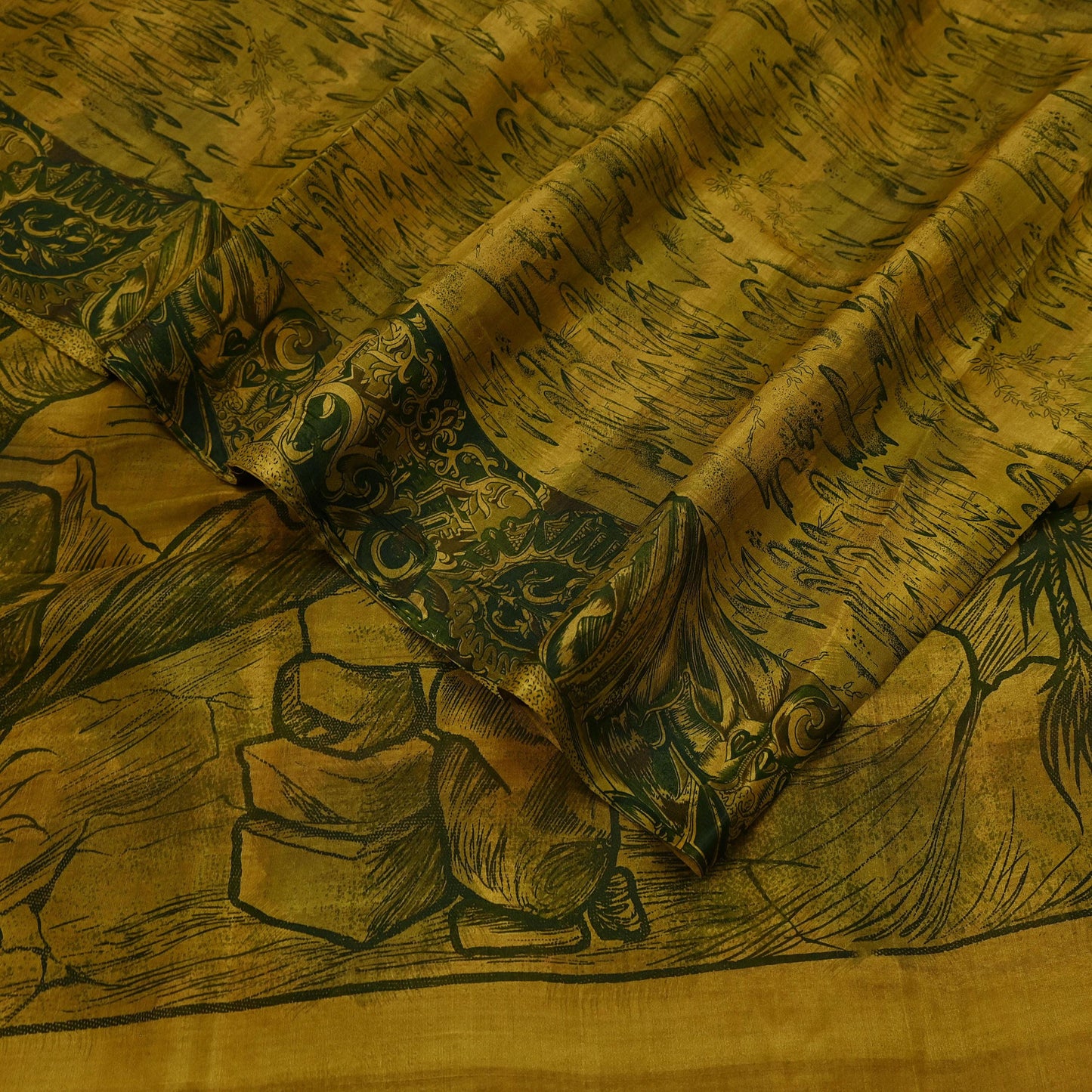 Indian Vintage Sari Green & Black Pure Silk Printed Sarees Craft Fabric 6yd Sewing Dress Making Soft Floral Crafting quilting