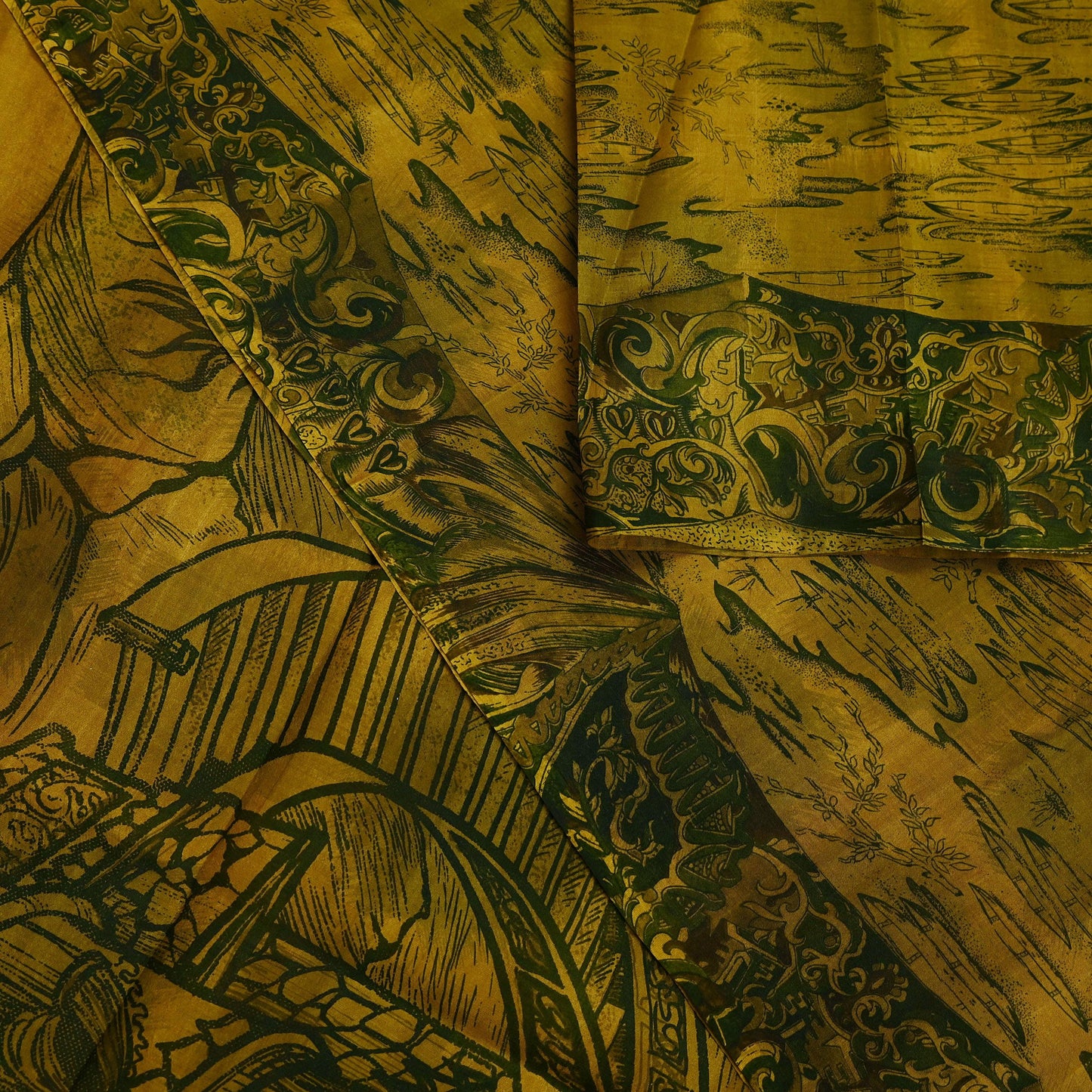 Indian Vintage Sari Green & Black Pure Silk Printed Sarees Craft Fabric 6yd Sewing Dress Making Soft Floral Crafting quilting