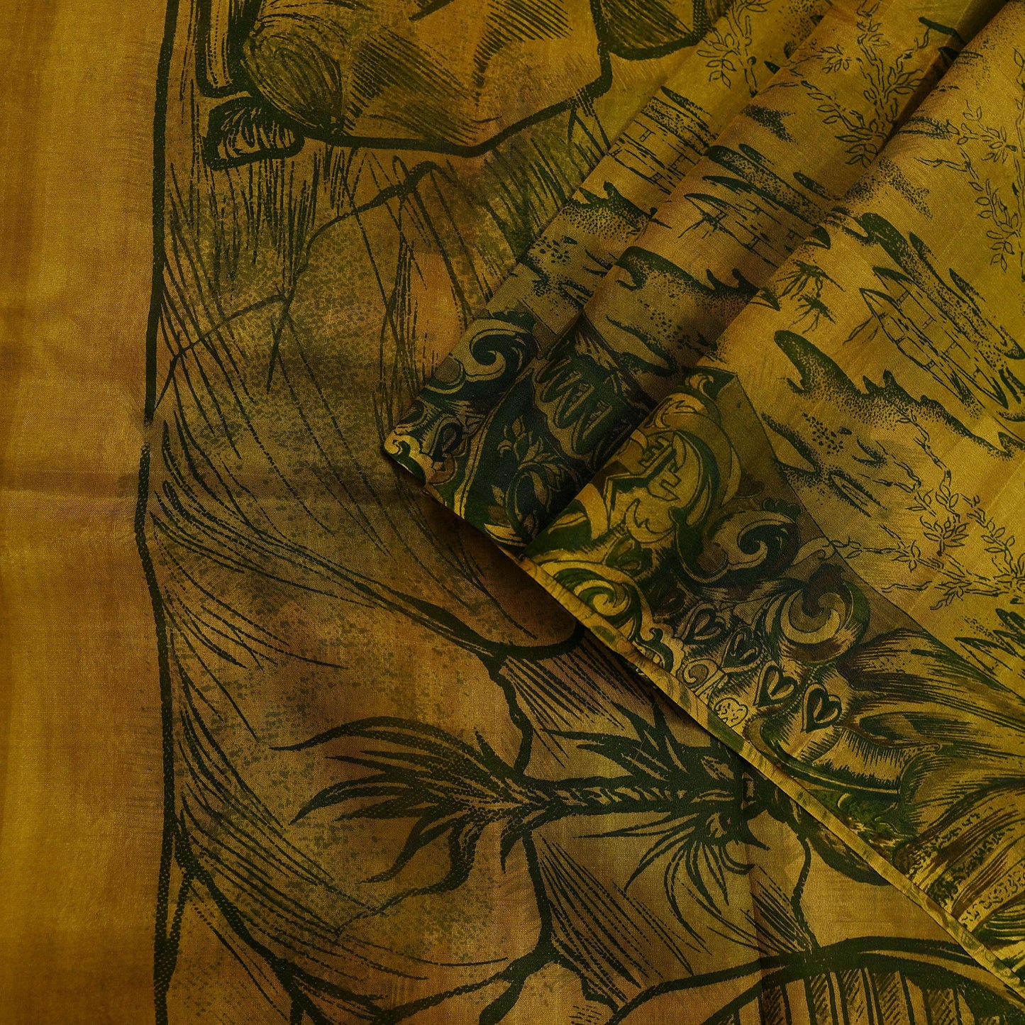 Indian Vintage Sari Green & Black Pure Silk Printed Sarees Craft Fabric 6yd Sewing Dress Making Soft Floral Crafting quilting