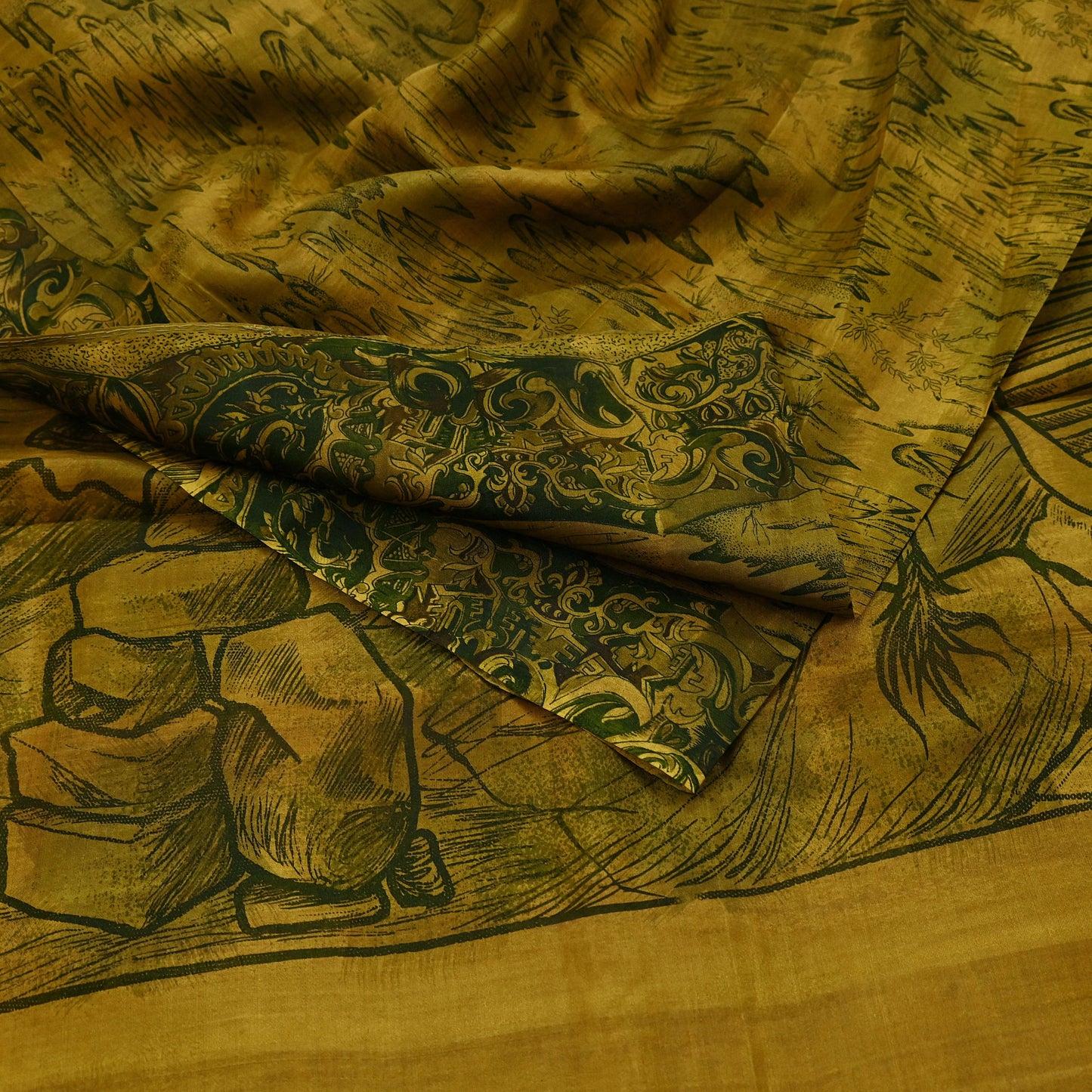Indian Vintage Sari Green & Black Pure Silk Printed Sarees Craft Fabric 6yd Sewing Dress Making Soft Floral Crafting quilting