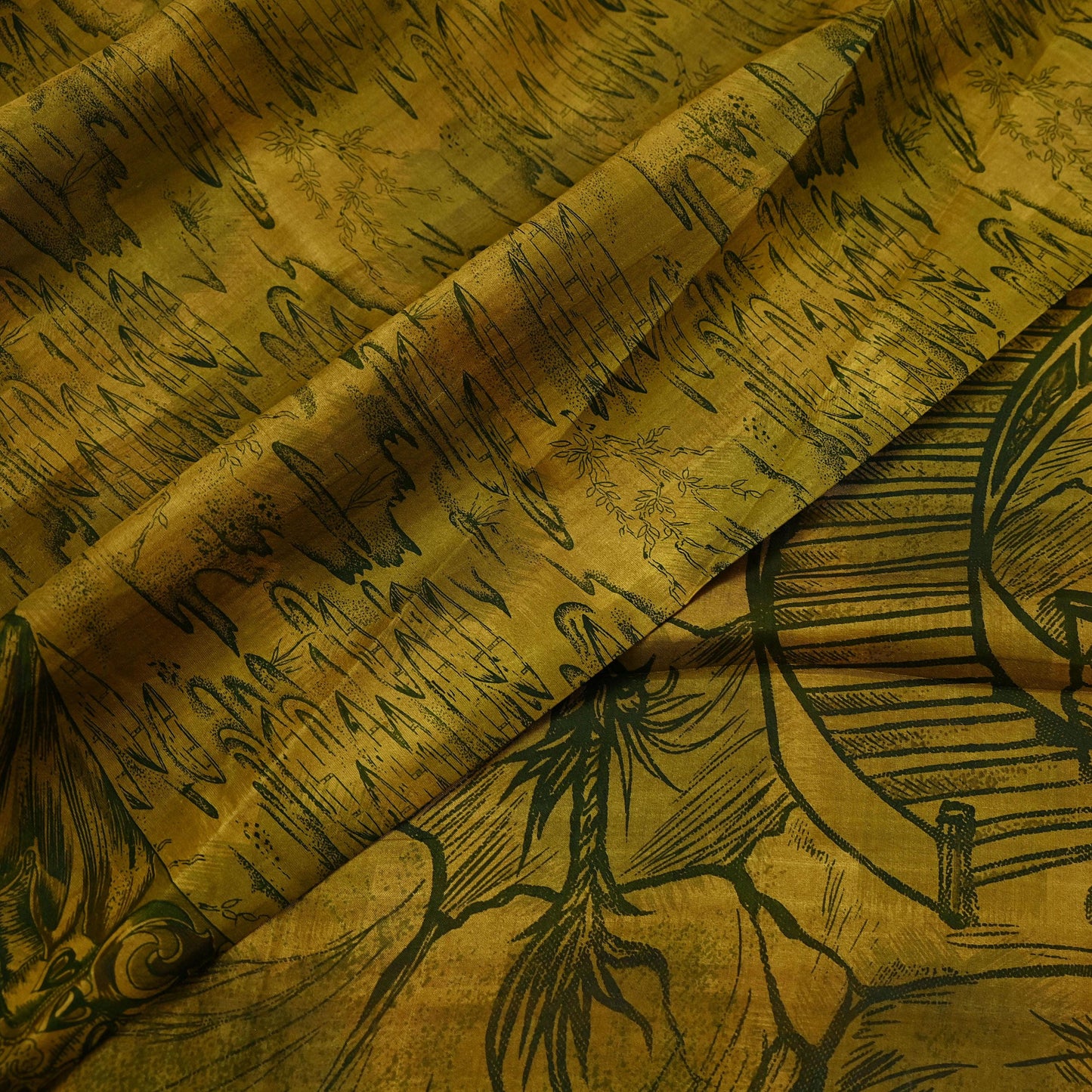 Indian Vintage Sari Green & Black Pure Silk Printed Sarees Craft Fabric 6yd Sewing Dress Making Soft Floral Crafting quilting