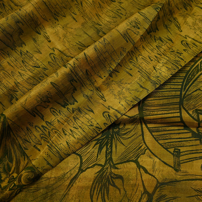 Indian Vintage Sari Green & Black Pure Silk Printed Sarees Craft Fabric 6yd Sewing Dress Making Soft Floral Crafting quilting